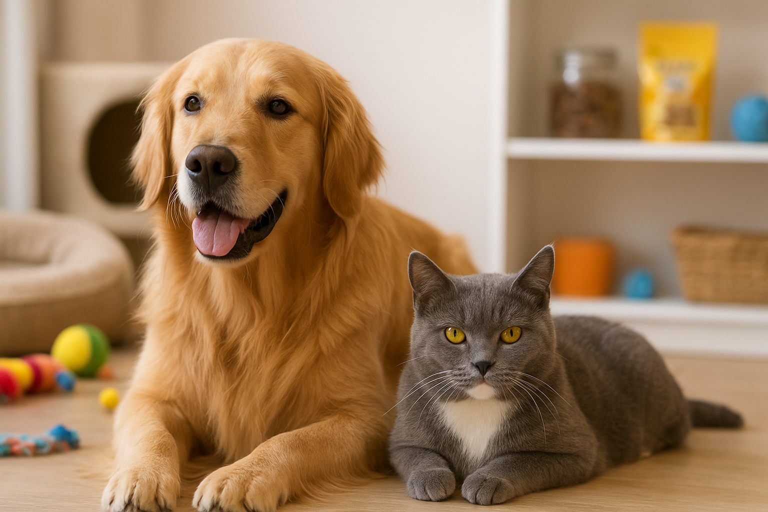 Cachorro e gato felizes juntos em um ambiente de pet shop